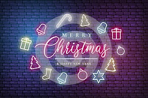modern merry christmas happy new year greeting card with neon lights vector illustration