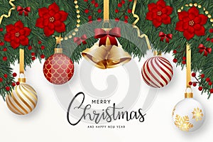 modern merry christmas happy new year greeting card with realistic decoration