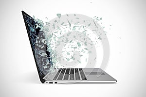 Modern metal laptop with broken screen isolated on white background. 3d illustration