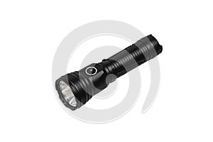 Modern metal LED flashlight in black color. Portable flashlight isolate on a white back