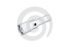 Modern metal LED flashlight in white color. Portable flashlight isolate on a white back