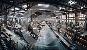 Modern metal manufacturing equipment working inside industrial building generated by AI