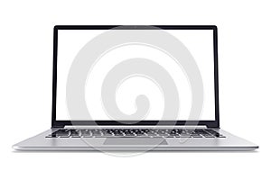 Modern metal office laptop or silver business notebook with blank screen isolated on white background. 3d illustration.