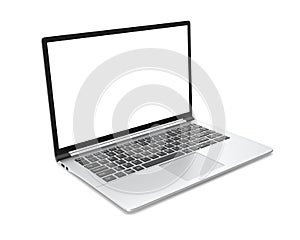 Modern metal office laptop or silver business notebook with blank screen on white background. 3d illustration.