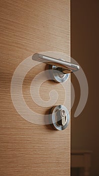 Modern metallic door handle on medium density fiberboard bedroom door photo