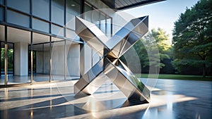 Modern metallic sculpture in a minimalist courtyard setting. Generative AI photo