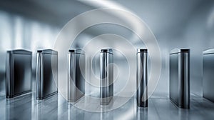 Modern metallic security barriers with sleek reflective surfaces arranged in a well-lit corridor emphasizing futuristic access