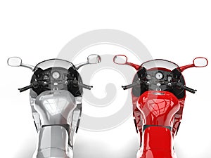 Modern metallic silver and red motorbikes - FPS view
