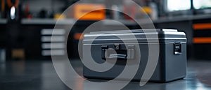 Modern Metallic Toolbox on a Workshop Floor with Blurred Background and Tool Storage