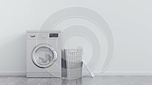Modern metallic washing machine, laundry in baskets and domestic emty room interior. Blue wall