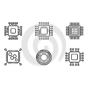 Modern Microchip Technology Line Art Icons Set Clean Minimalist Design Data Processing AI and Computing Concepts