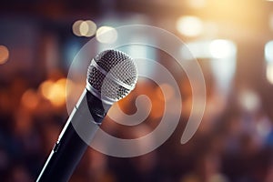 Modern microphone on blurry background with bokeh effect mic device prepared for public performance