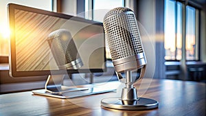 Modern microphone and computer screen on a desk in a bright room. Generative AI