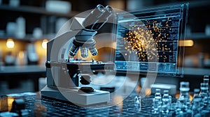 modern microscope with advanced technology is displayed laboratory setting, showcasing digital interface with data visualization.
