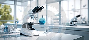 The modern microscope in a bright laboratory space with glassware. AI generated image