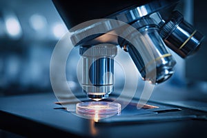 Modern Microscope Closeup in Blue Laboratory Setting