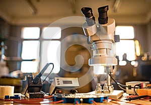 Modern microscope, connectors component and large green microcircuit in workshop laboratory
