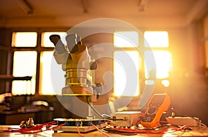 Modern microscope, connectors component and large green microcircuit in workshop laboratory