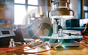 Modern microscope, connectors component and large green microcircuit in workshop laboratory