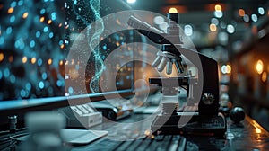 Modern Microscope and Digital Display Showing DNA Helix in a Laboratory Setting