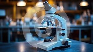 Modern microscope on lab table, blurred lab background