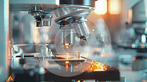 Modern microscope in the laboratory with detailed lenses, symbolizing scientific research and discovery, banner