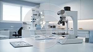 Modern microscope on a laboratory table in a bright, sterile lab environment. The image emphasizes scientific research