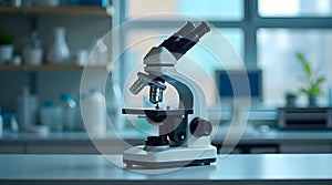Modern microscope ready for scientific research in bright lab evokes innovation and discovery