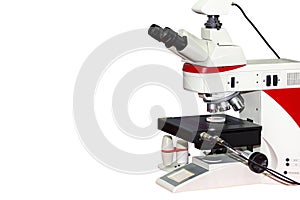 Modern microscope for science laboratory or industrial work isolated on white background with