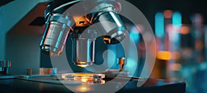 The modern microscope with vibrant lighting in a laboratory setting. AI generated image