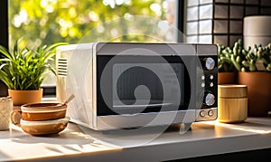 Modern microwave oven on kitchen countertop with digital display showing time, surrounded by warm morning sunlight and homey