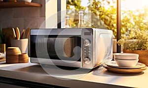 Modern microwave oven on kitchen countertop with digital display showing time, surrounded by warm morning sunlight and homey