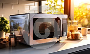 Modern microwave oven on kitchen countertop with digital display showing time, surrounded by warm morning sunlight and homey