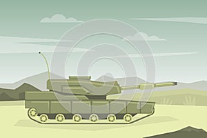 Modern Military Tank in Desert Landscape Flat Vector Illustration