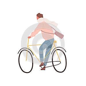 Modern millennial cycler man wearing scarf ride urban bike. Active male character on bicycle. Flat vector cartoon photo
