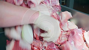 Modern minced meat production. Clp. Putting a large pieces of meat in a stainless bowl at the factory, concept of food.