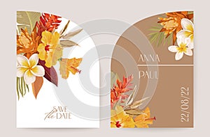 Modern minimal Art Deco wedding vector Invitation, botanical tropical boho card, dry tropic flowers poster