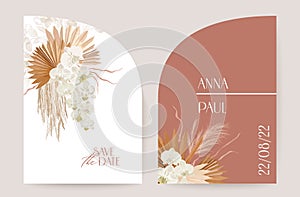 Modern minimal Art Deco wedding vector Invitation set. Boho orchid, pampas grass, lunaria card template