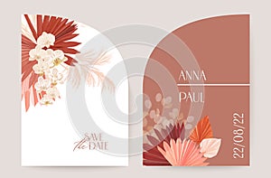 Modern minimal Art Deco wedding vector Invitation set. Boho orchid, pampas grass, lunaria card template.