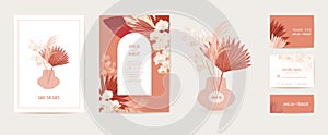 Modern minimal Art Deco wedding vector Invitation set. Boho orchid, pampas grass, lunaria card template