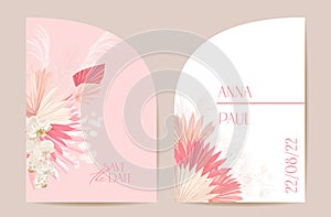 Modern minimal Art Deco wedding vector Invitation set. Boho orchid, pampas grass, lunaria card template