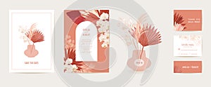 Modern minimal Art Deco wedding vector Invitation set. Boho orchid, pampas grass, lunaria card template photo