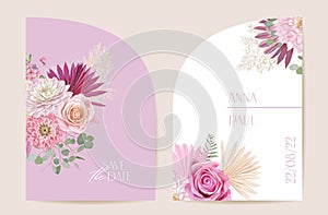 Modern minimal Art Deco wedding vector Invitation set. Boho rose, pampas grass, dahlia card template