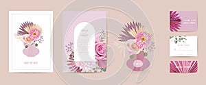 Modern minimal Art Deco wedding vector Invitation set. Boho rose, pampas grass, dahlia card template