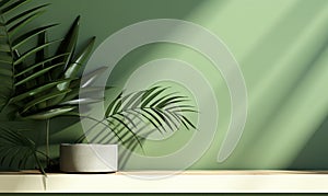 Modern minimal empty matte green counter table top bamboo palm tree in sunlight leaf shadow on green wall background for luxury