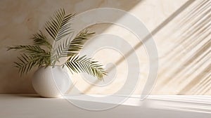 Modern minimal empty white marble stone counter table, green tree in sunlight, leaf shadow on beige brown wall background for