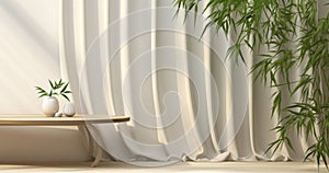 Modern minimal empty white round glossy table counter top green bamboo tree in sunlight on drapery satin curtain for luxury