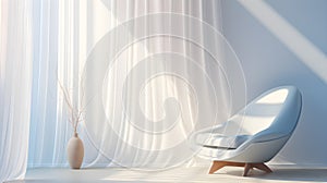 Modern Minimal Interior Design, Cozy Room with Soft Window Light and Windy Curtain