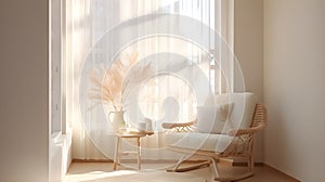 Modern Minimal Interior Design, Cozy Room with Soft Window Light and Windy Curtain