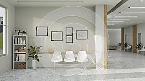 Modern minimal white hospital or clinic corridor and waiting room interior design with white chairs